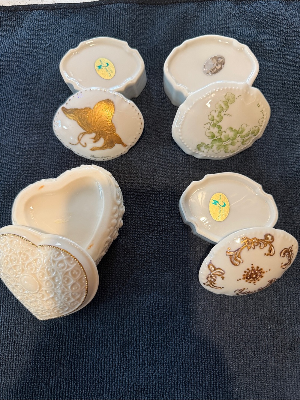 Vintage White Porcelain Trinket Boxes with Gold and Green Accents